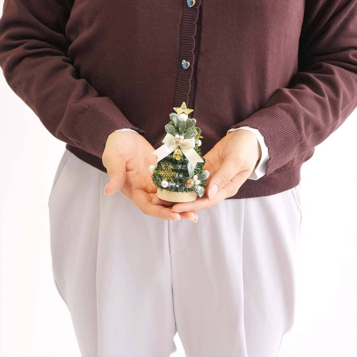 ★58-42-1-3 卓上ミニクリスマスツリー11cmアイボリーリボン