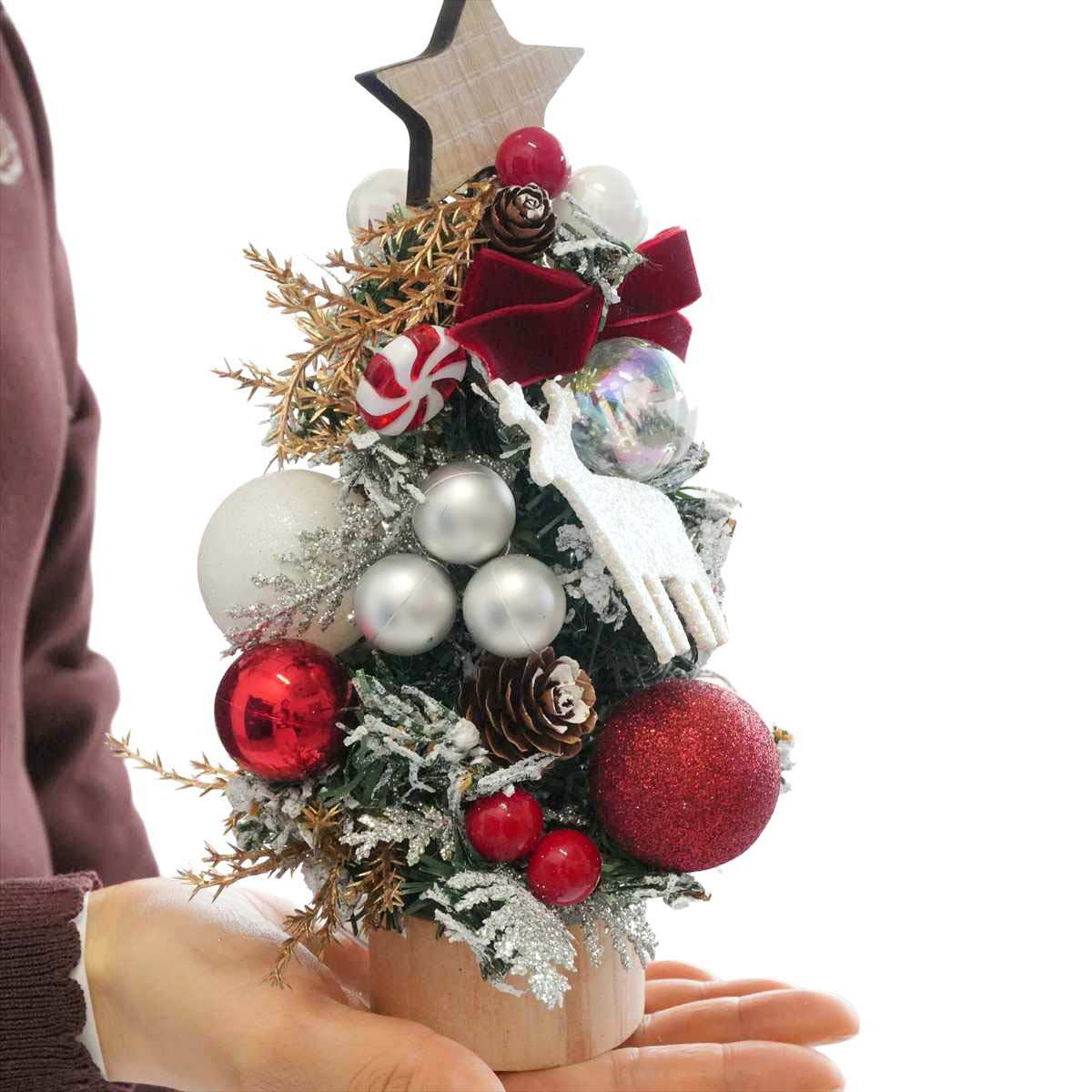 ★58-42-2-2 ウッドベース 卓上ナチュラルミニツリー20cm ホワイトトナカイ