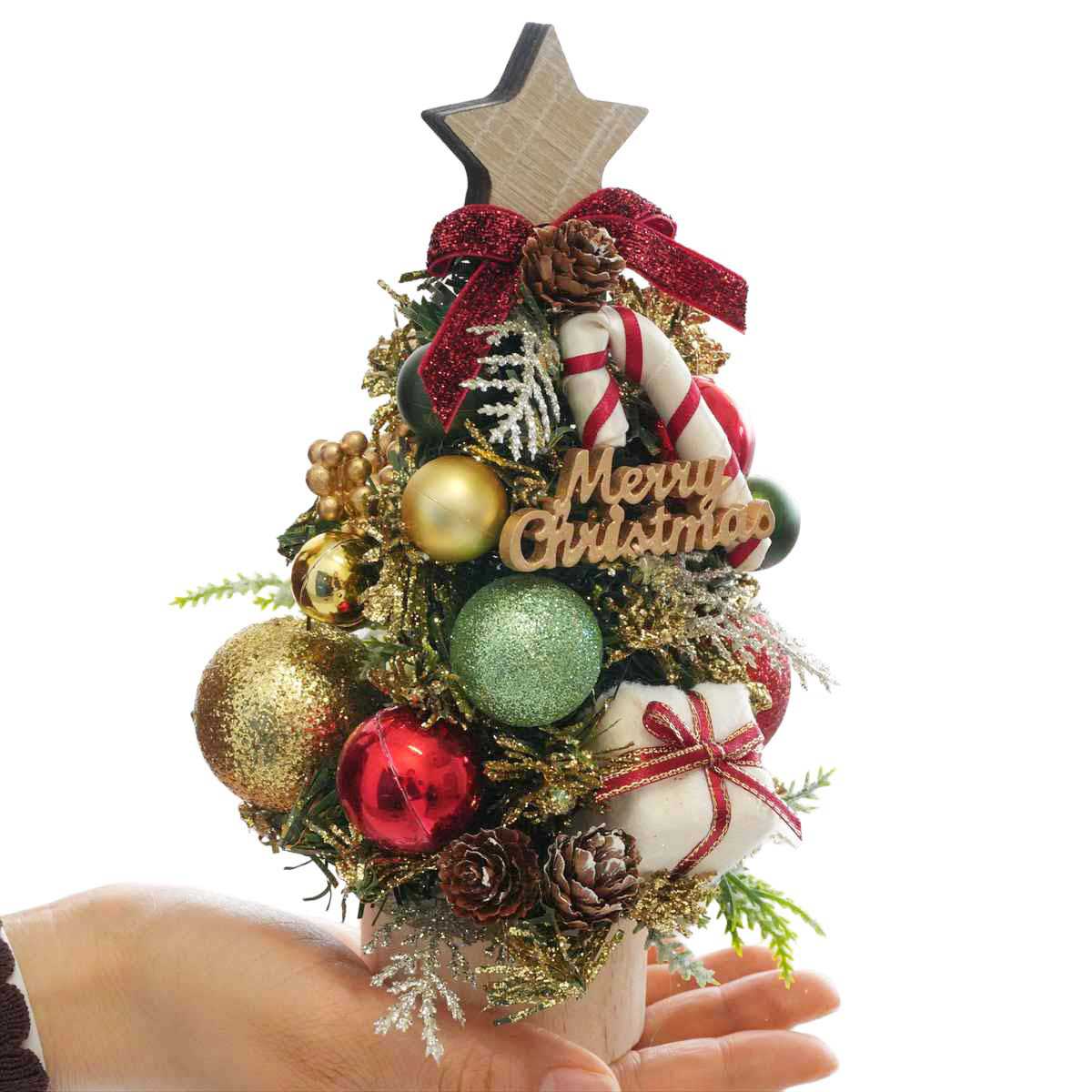 ★58-42-2-3 ウッドベース 卓上ナチュラルミニツリー20cm レッドリボン