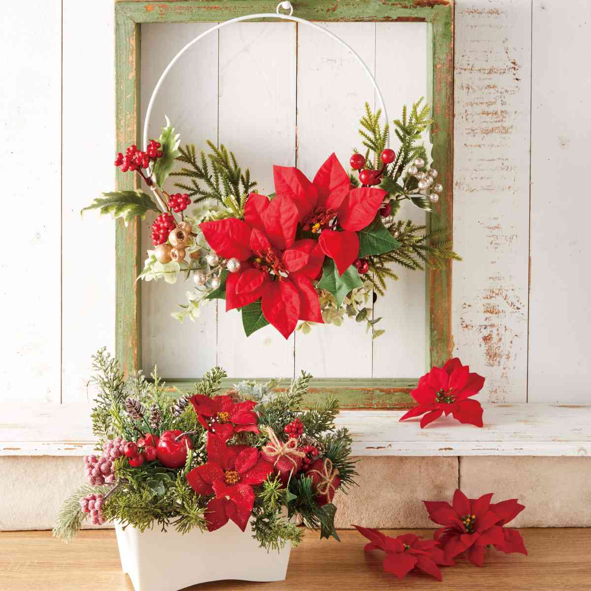 ★58-54-5-1 ポインセチア造花リース幅45cm