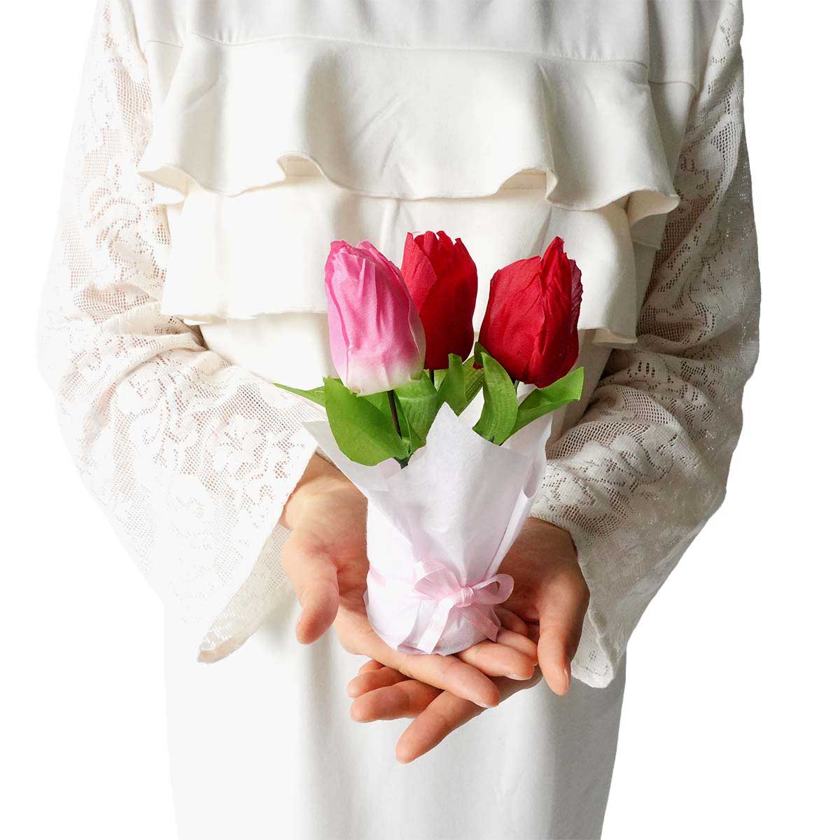 ★53-16-8-1 3個 チューリップ造花プチラップセット 高さ19cm(ピンク)