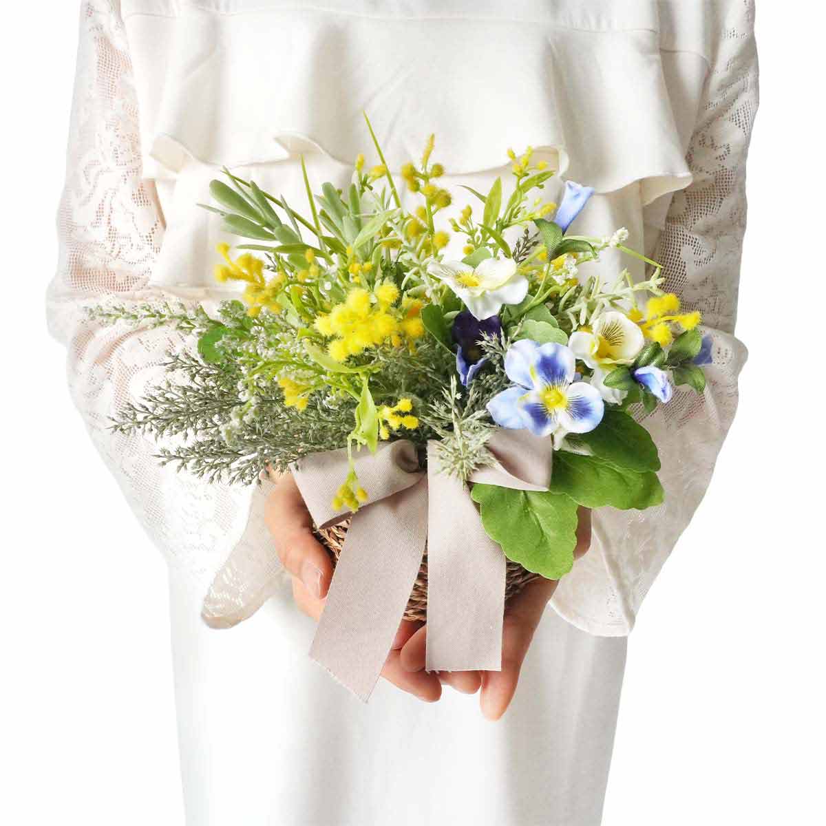 ★53-17-4-1 ミモザ盛カゴアレンジ 高さ8cm