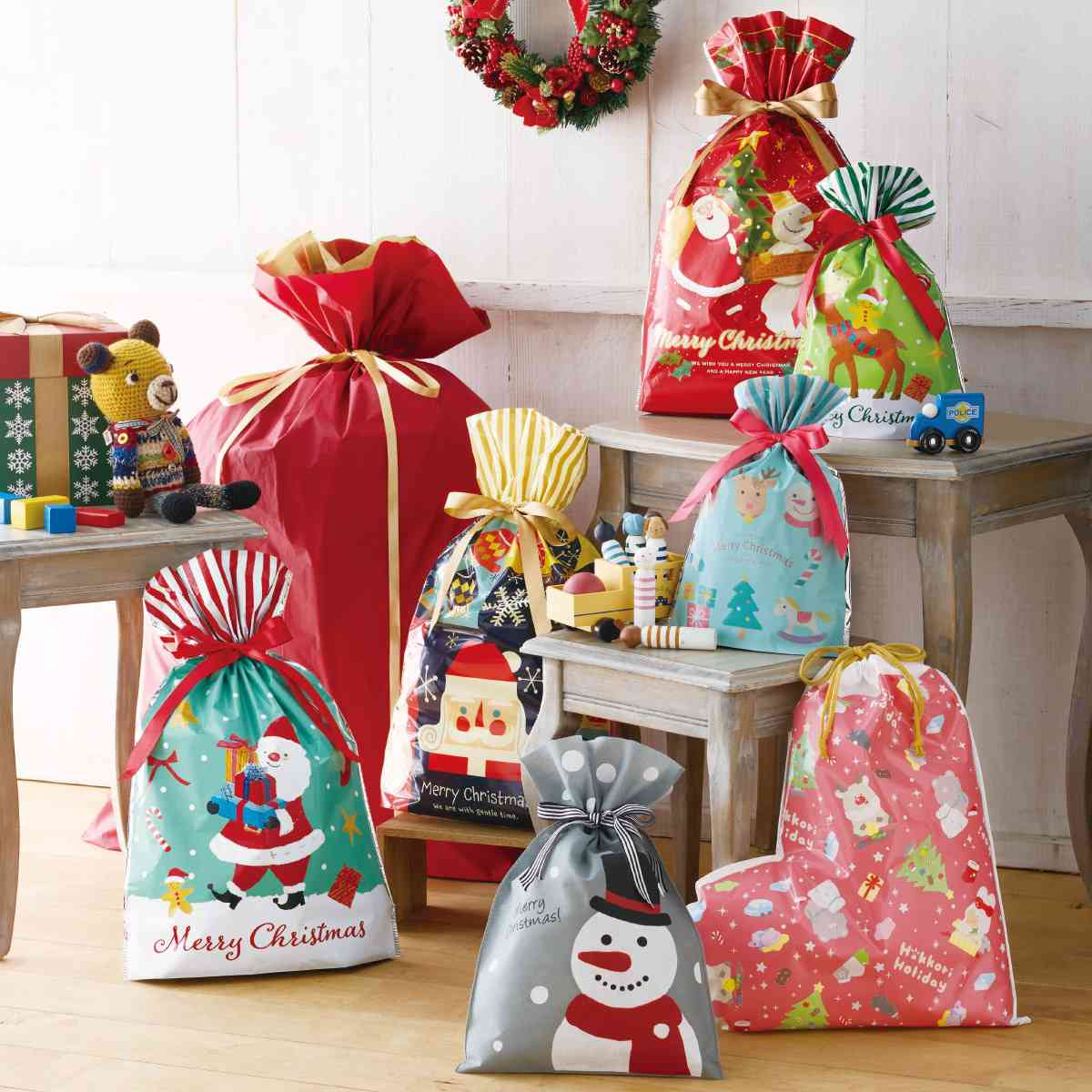 ★58-141-6-1 10枚 不織布リボン付きギフトバッグ スノーマン