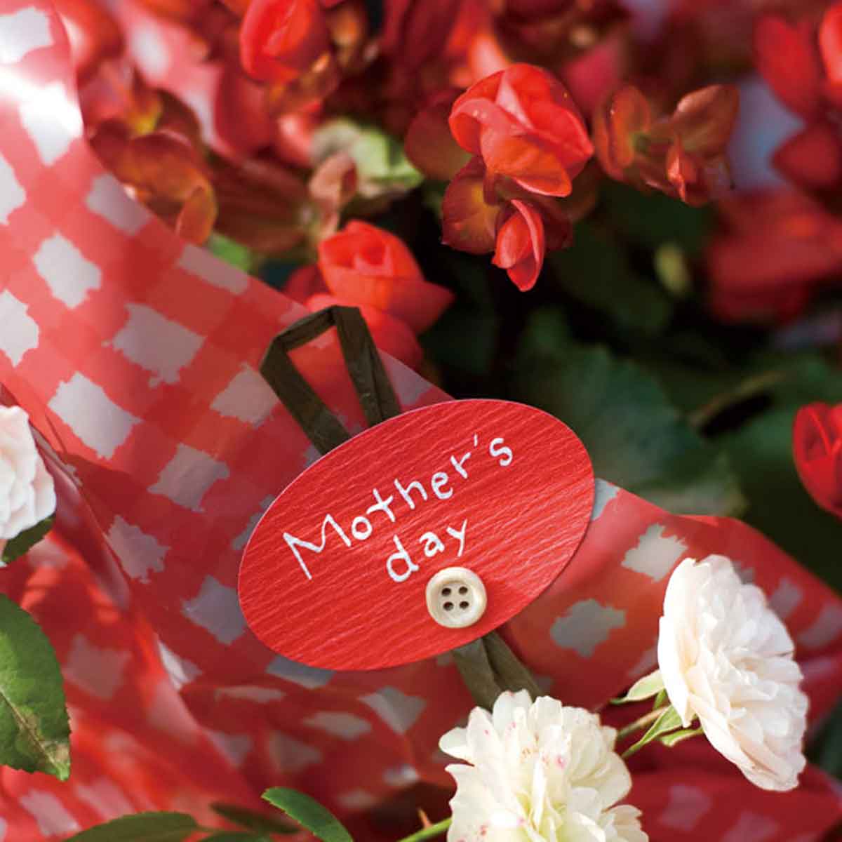 ★53-52-1-1 30枚 母の日リボン付きシール(ハンドメイドボタン)