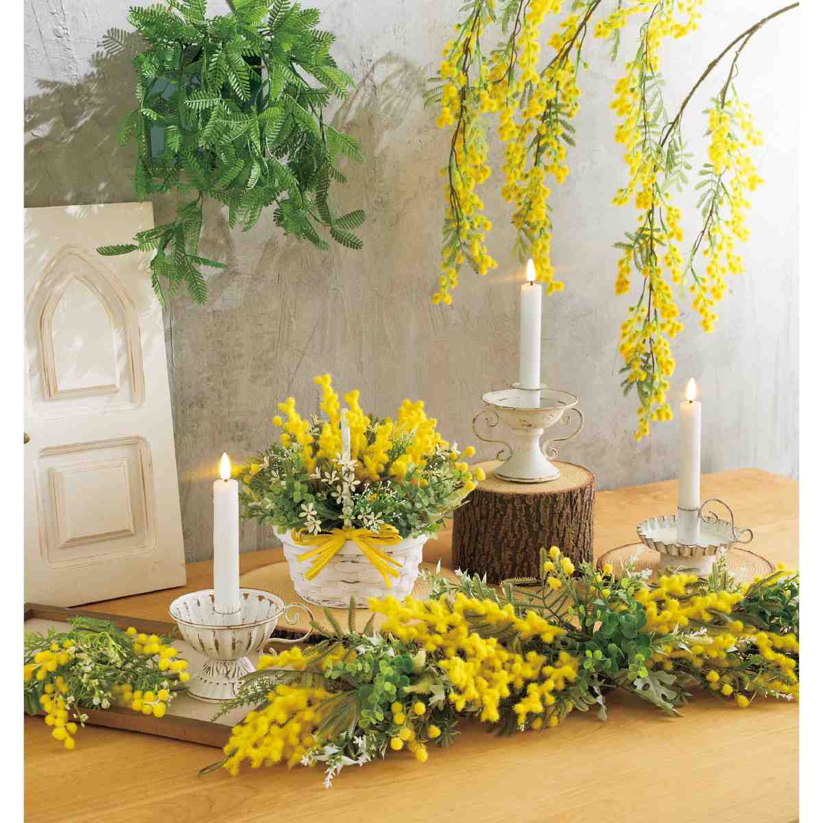 ★53-18-8-1 ミモザバスケット造花アレンジ