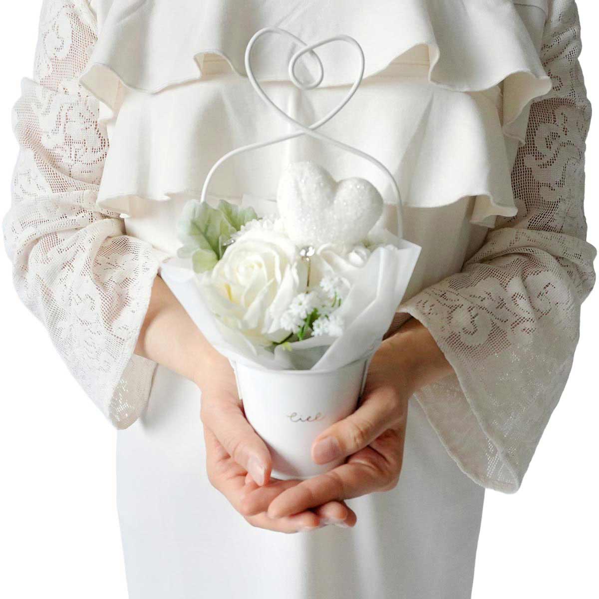 ★53-41-1-1 ハートブリキソープフラワー 高さ24cm(ホワイト)