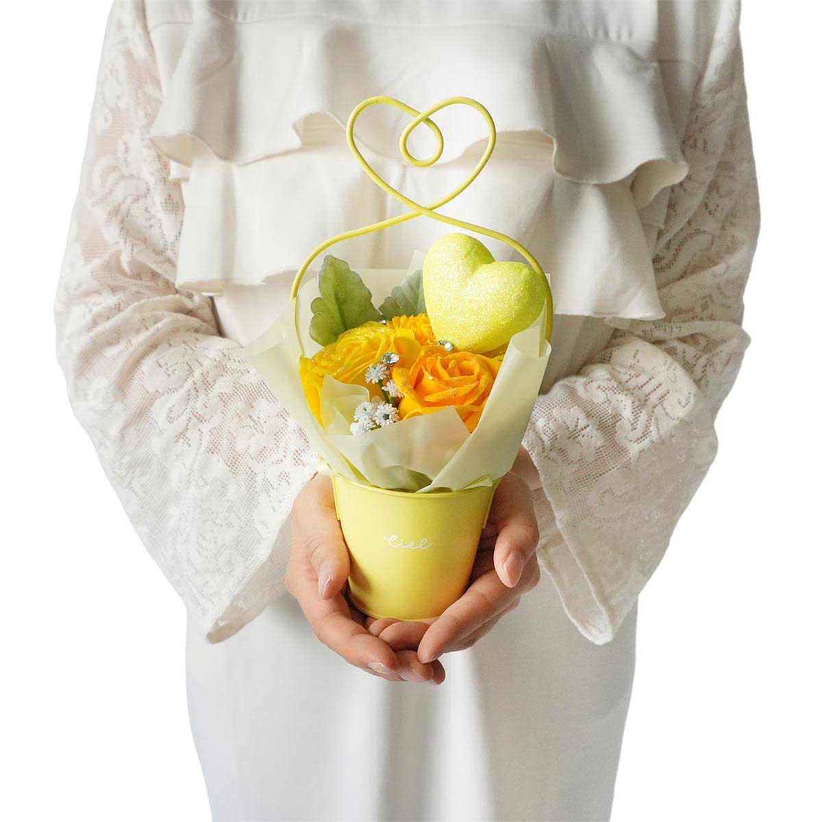 ★53-41-1-2 ハートブリキソープフラワー 高さ24cm(イエロー)