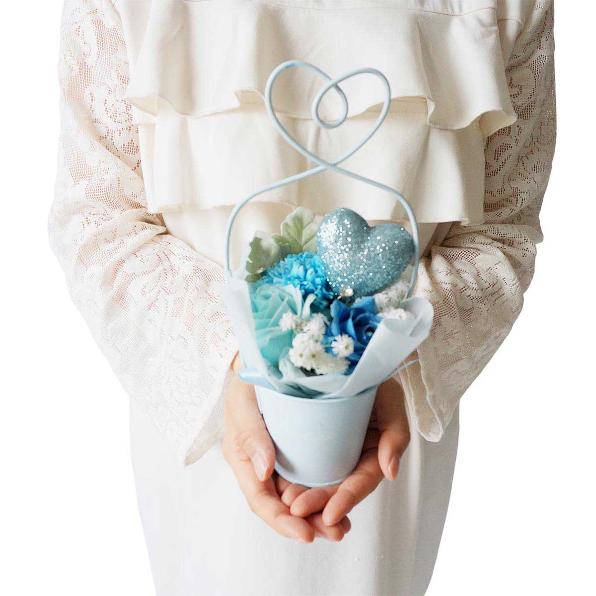 ★53-41-1-3 ハートブリキソープフラワー 高さ24cm(ブルー)