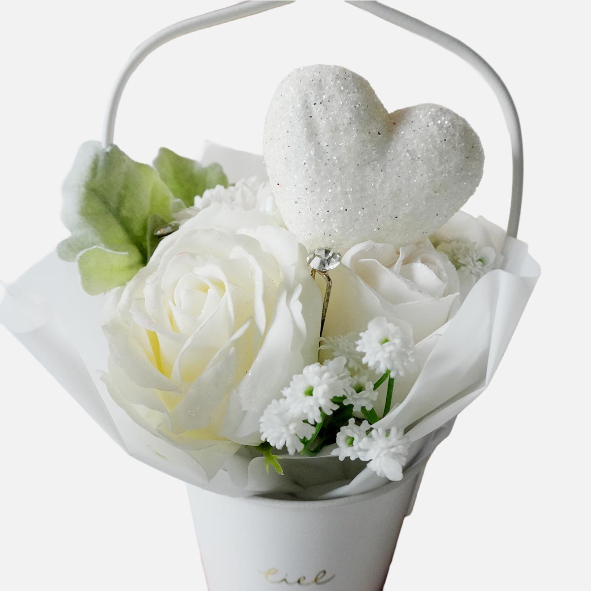 ★53-41-1-1 ハートブリキソープフラワー 高さ24cm(ホワイト)