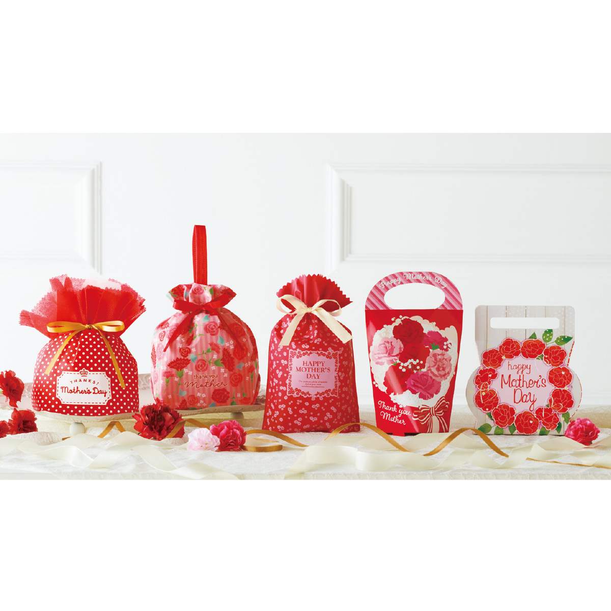 ★53-50-3-1 20枚 手提げ巾着 母の日カーネーション