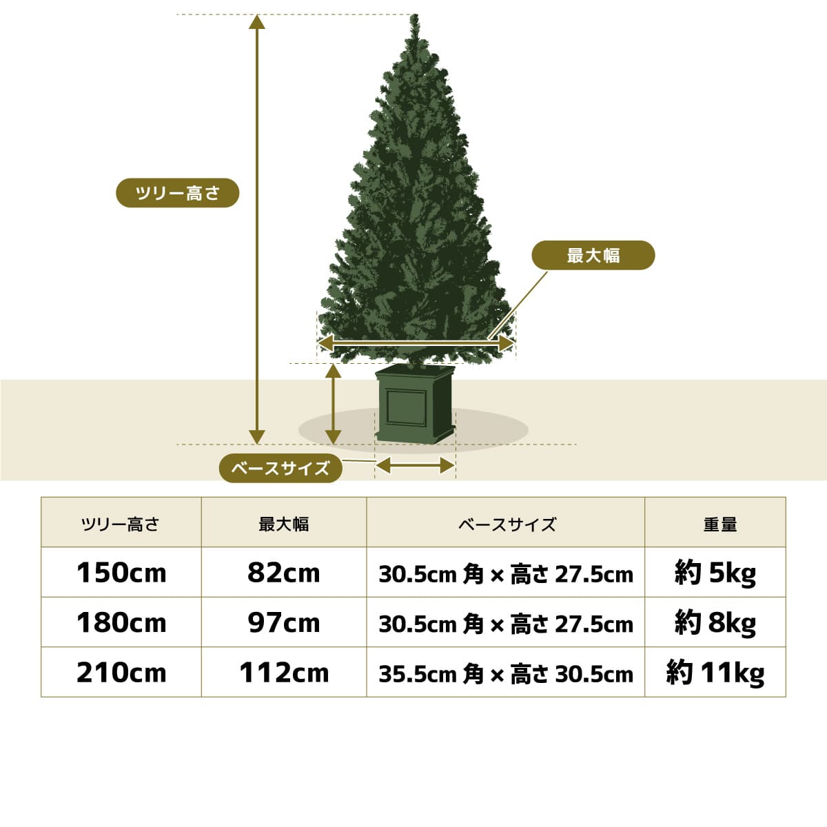 ★58-17-2-3 木製ポット付き クリスマスツリーセット シャンパンゴールド(高さ210×幅112cm)