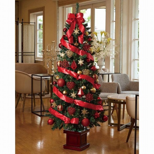 ★58-15-2-2 木製ポット付き スリムクリスマスツリーセット レッド高さ180×幅76cm