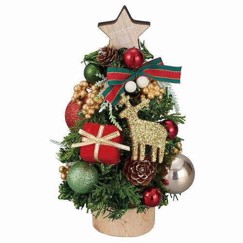 ★58-42-2-1 ウッドベース 卓上ナチュラルミニツリー20cm ゴールドトナカイ