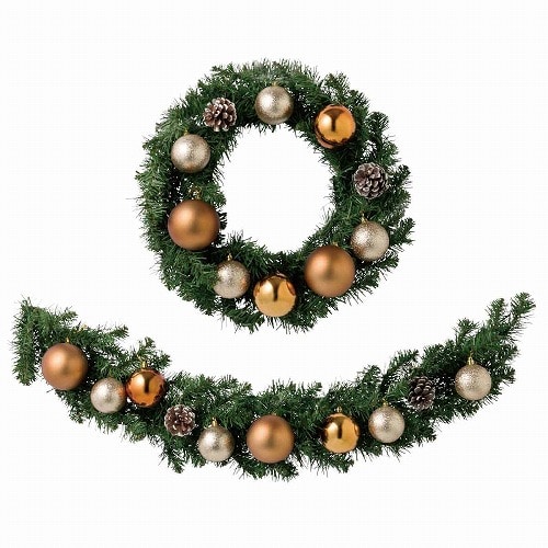 ★58-45-6-3 【2WAY】クリスマスリース45cm/ガーランド90cmゴールド